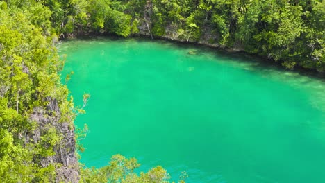 Breathtaking-panning-shot-of-the-turquoise-water-surrounded-by-lush-greenery-in-Piaynemo-archipelago-in-Raja-Ampat,-Indonesia