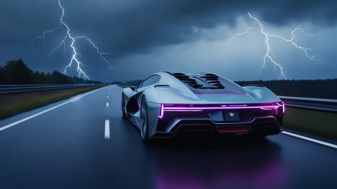 Futuristic Car on a Stormy Highway with Lightning