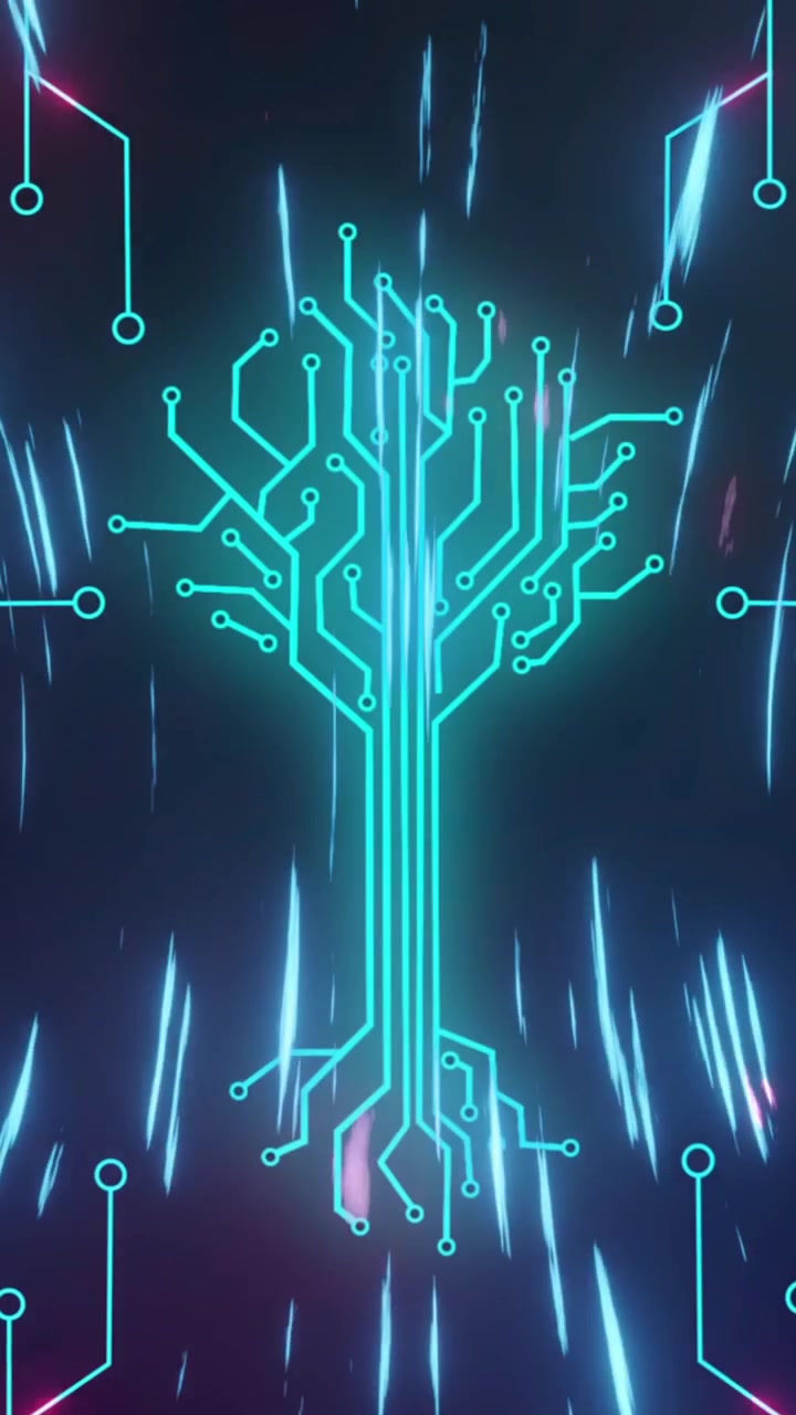 Animation of integrated circuit over lights in black digital space
