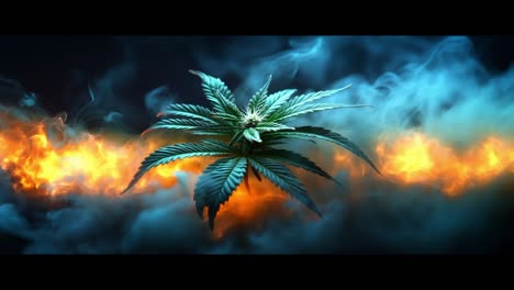 fiery cannabis in smoke. a cannabis plant stands boldly in vibrant smoke and flames, creating a striking contrast in darkness.