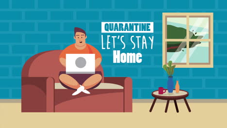 campaña de quedarse en casa con un hombre trabajando en una computadora portátil sentado en un sofá