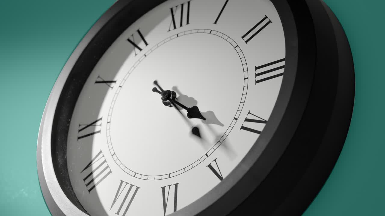 Latin Clock Face on Cyan Blue Aquamarine Celadon Sea-Green Wall in Time Lapse