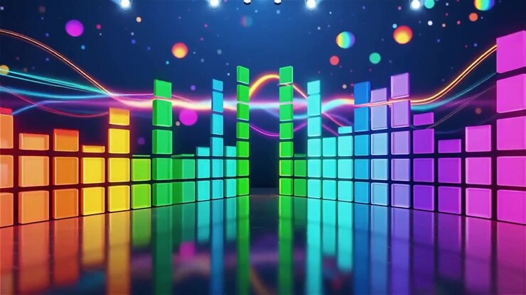 Futuristisk regnbuefarvet neon musik equalizer visualisering baggrund.
