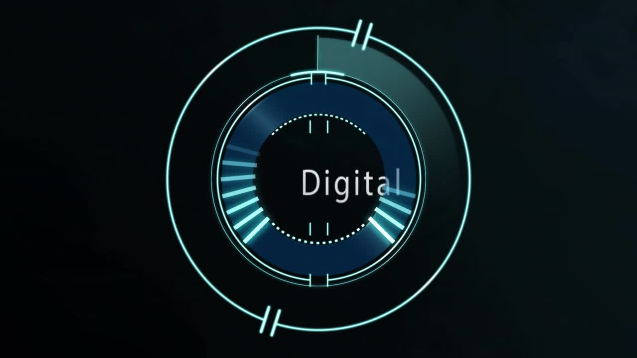 Animation of scope scanning over light spots and technology texts on black background with clouds