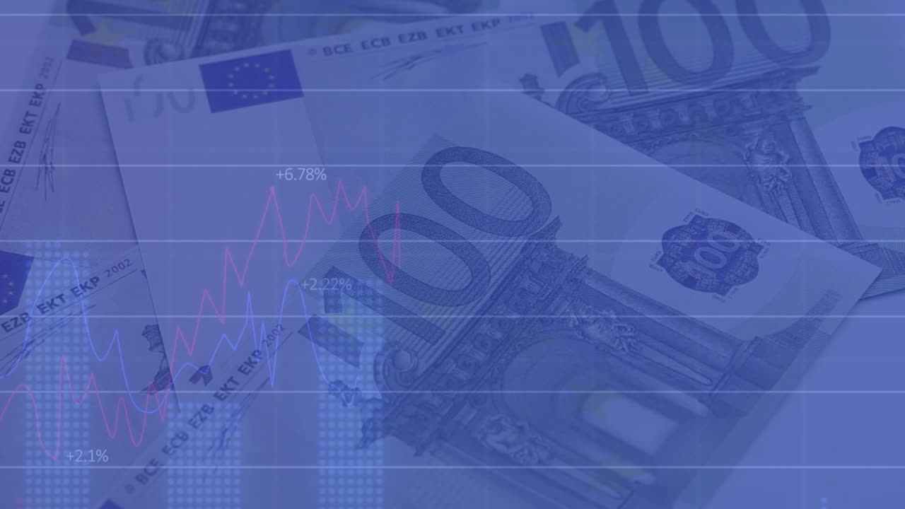 Animation of financial data processing over euro currency bills
