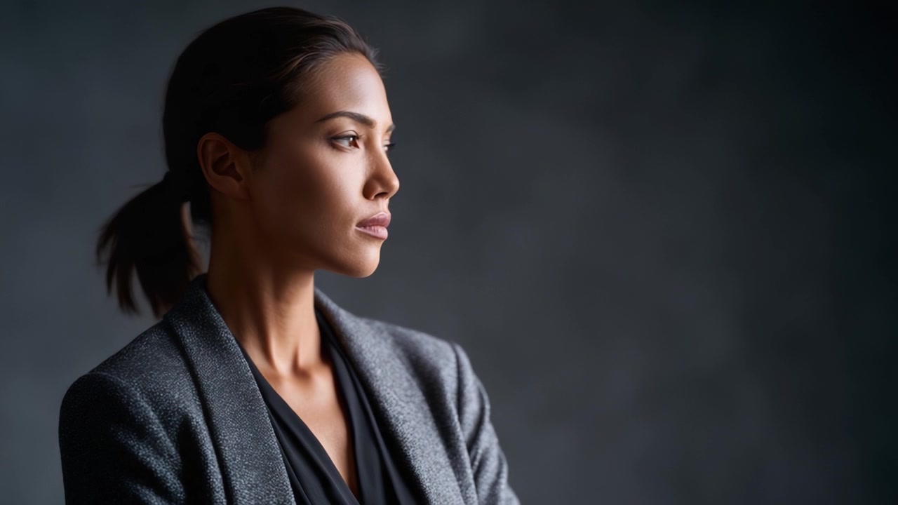 A Portrait of Contemplation: An Introspective Woman in a Stylish Gray Blazer Against a Dark Background, Radiating Confidence and Poise