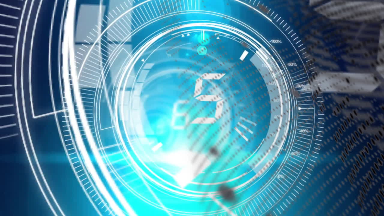 Animation of rotating circular elements with glowing numbers on digital interface