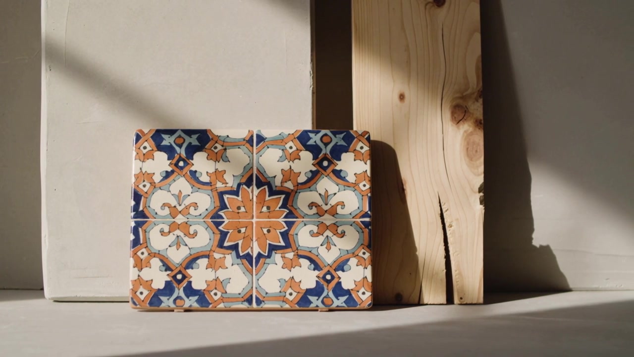 Luce solare che si sposta e scivola sul tavolo in studio, rivelando un pannello di piastrelle in ceramica e una tavola di legno.
