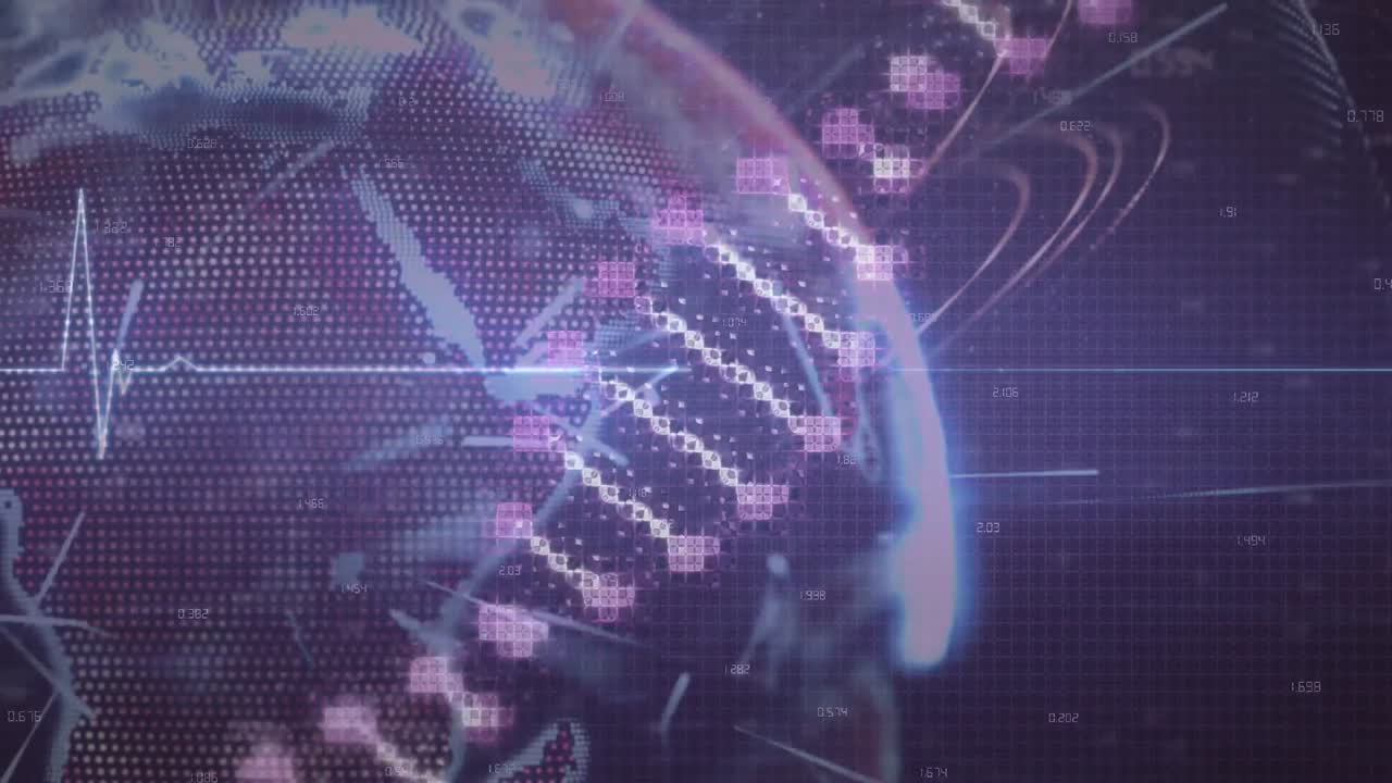 animación del adn sobre el monitor de frecuencia cardíaca de cadena y el mapa del mundo
