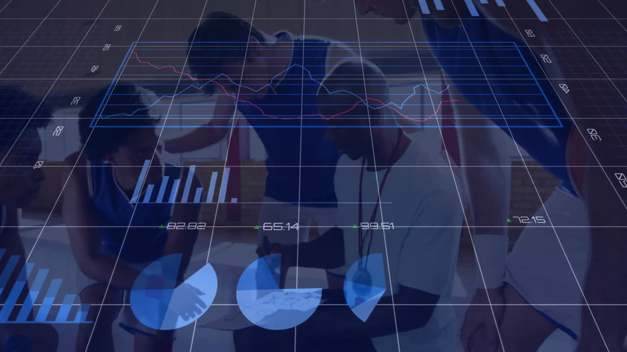 Basketball coach kneeling guiding players during timeout on court, showing floating data charts