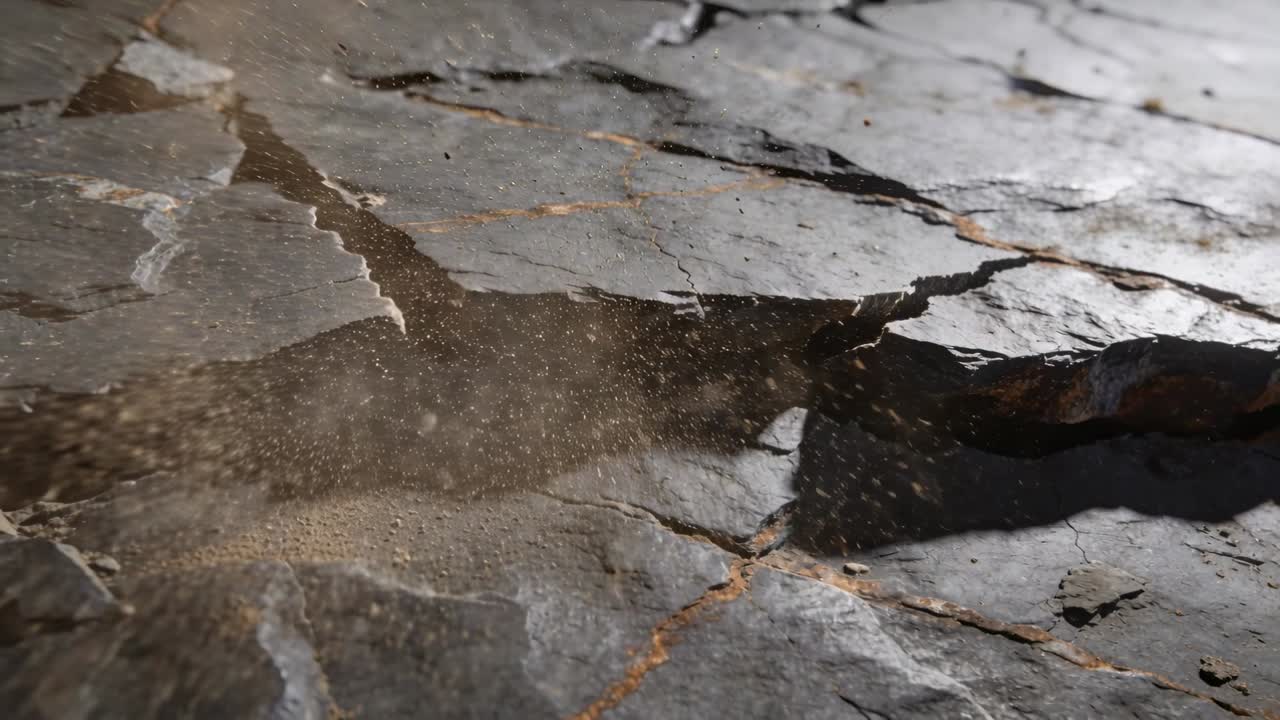 Erupting from gap central fissure forcing sand and dust along dry rock plates, showing seams
