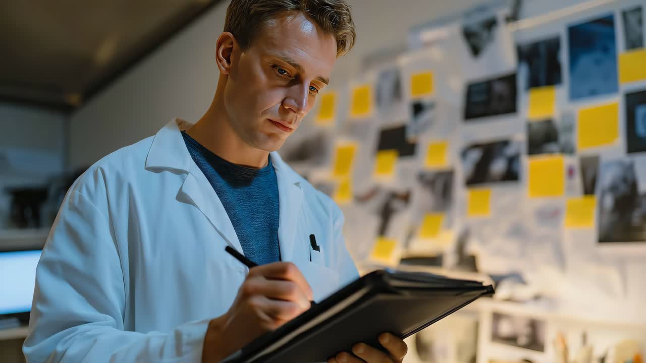 jovem detetive analisando quadro de evidências