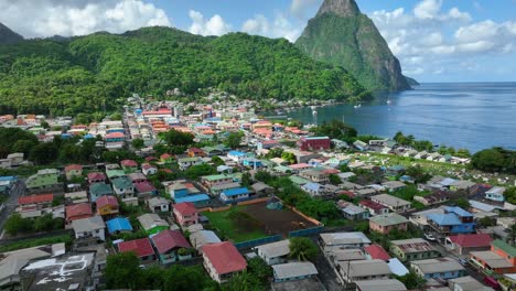 Drone-flight-over-colorful-city-on-Saint-Lucia-Island-during-sunny-day