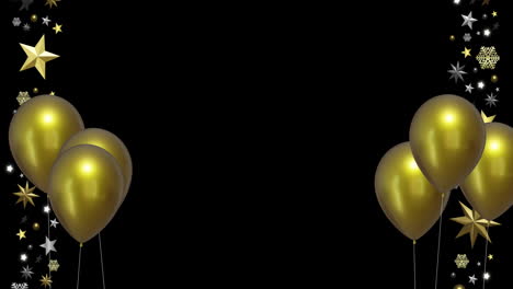 animation of gold balloons with stars and copy space on black background