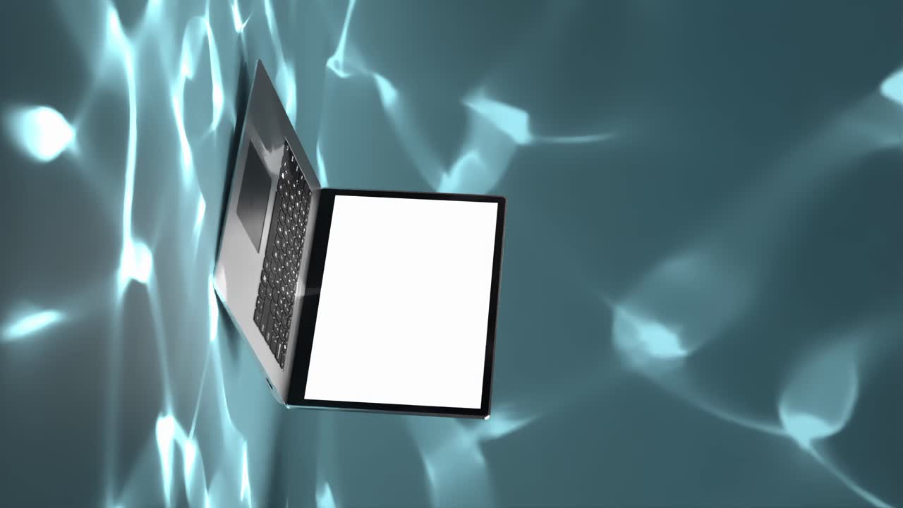 애니메이션 노트북이 수영장에 떨어지고, 콘셉트가 휴일에 일하고, 화이트 스크린