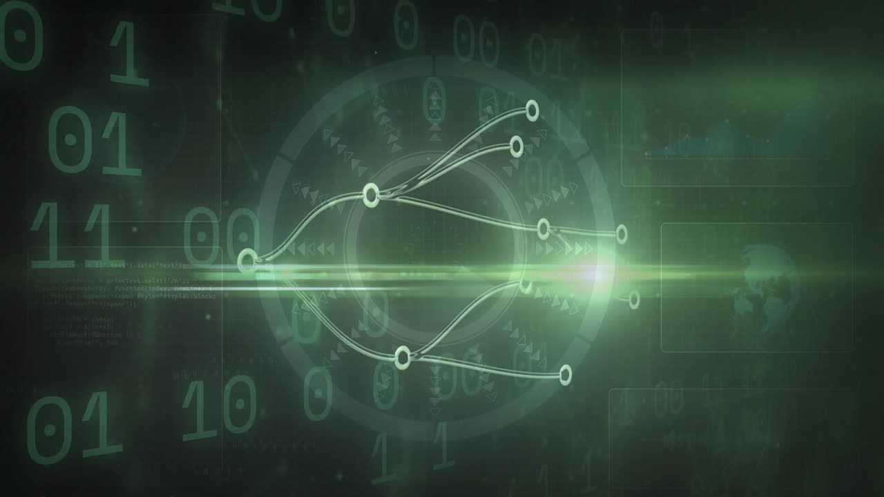 Central glowing network being animated on green backdrop, with circular nodes and binary code