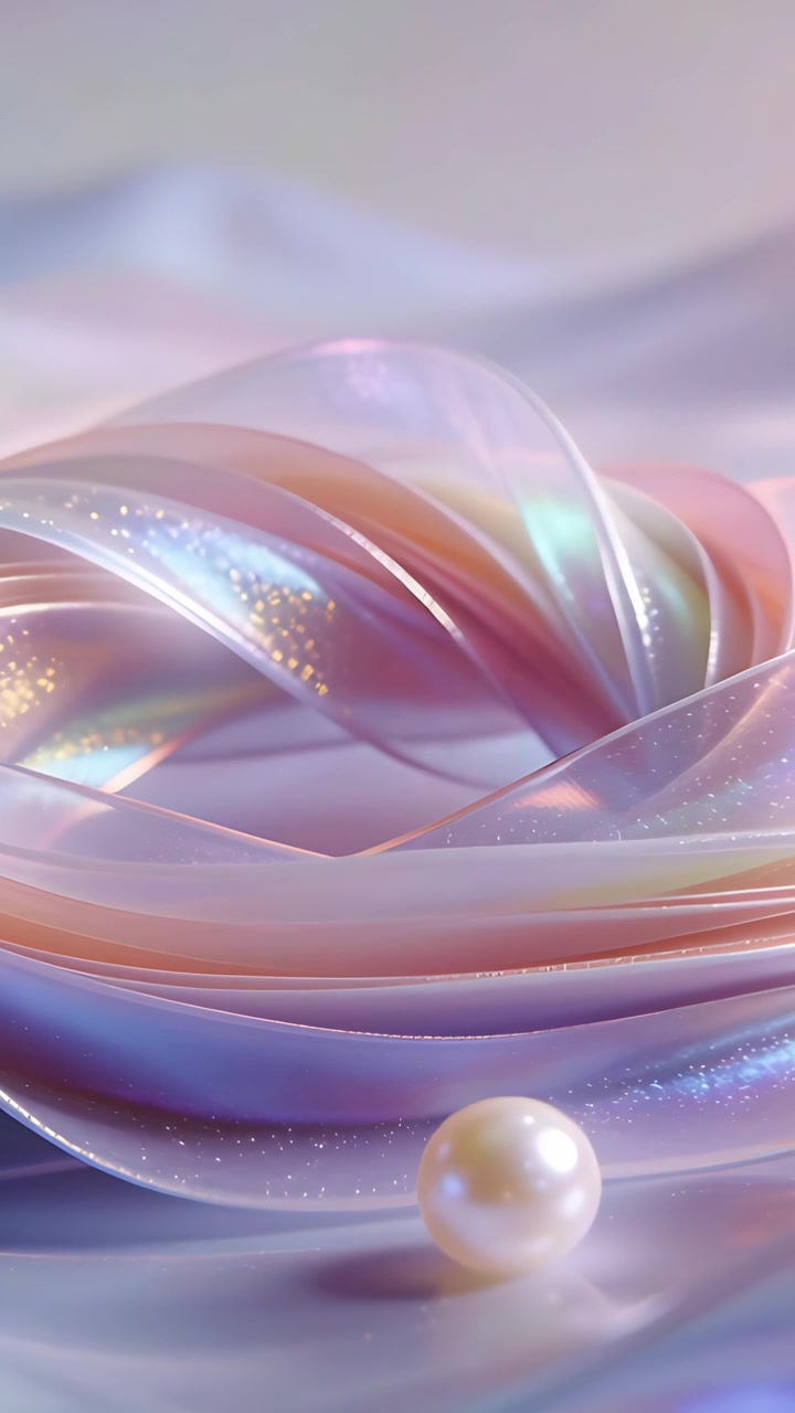 Video verticale: Luce cangiante, nastro iridescente e perla che si muovono su raso, rivelando un bagliore pastello