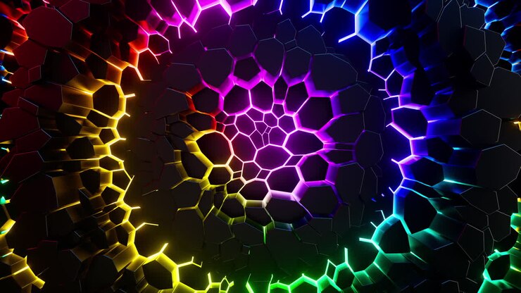 Fundo colorido com muitos hexágonos movendo-se em ondas. Animação em loop