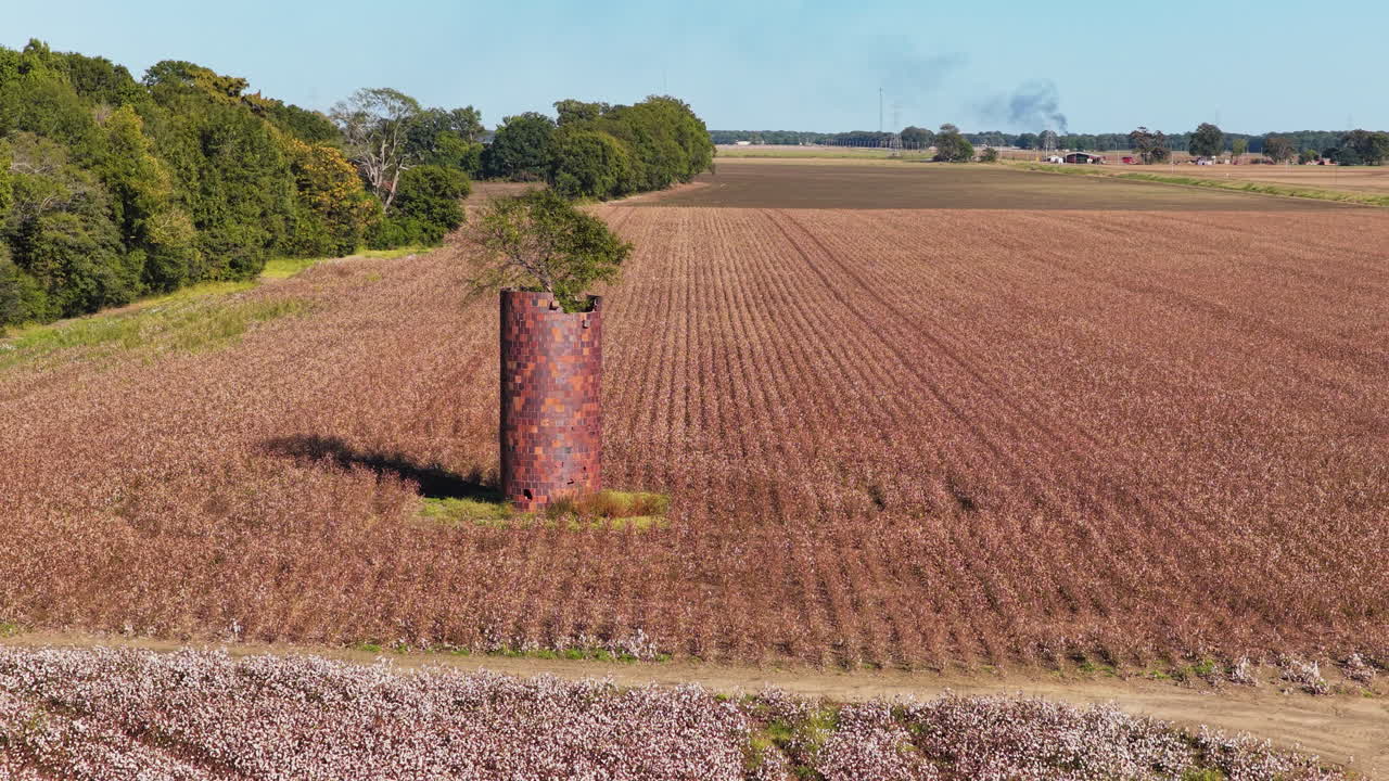 Long parallel cotton rows stretch toward the horizon in Mississippi delta farmland, aerial pullback past brick silo