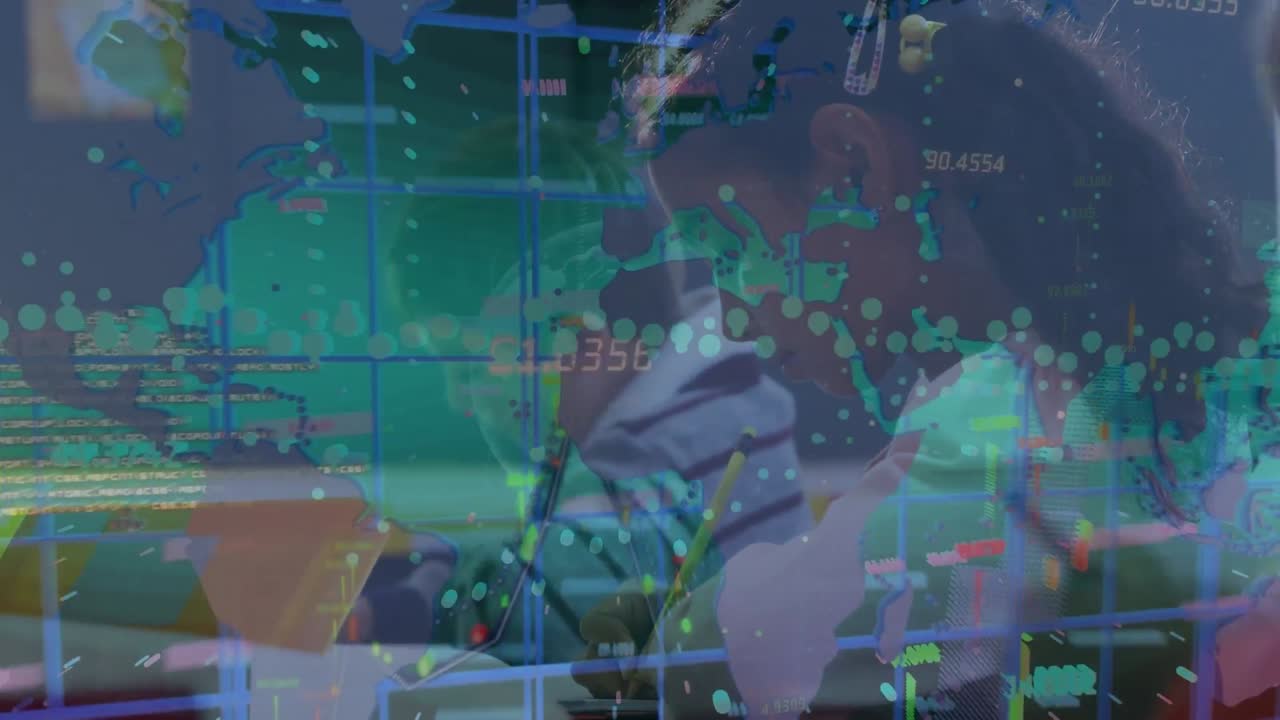 데이터 처리 및 세계 지도의 애니메이션 다양한 학교 학생 학습