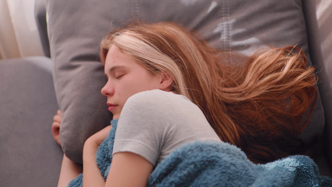 Vista dall'alto di una bellezza mattutina che dorme beatamente con i lunghi capelli sparsi sul divano mentre tiene una soffice coperta sotto la luce soffusa del giorno che proietta ombre delicate su una tranquilla scena interna intima