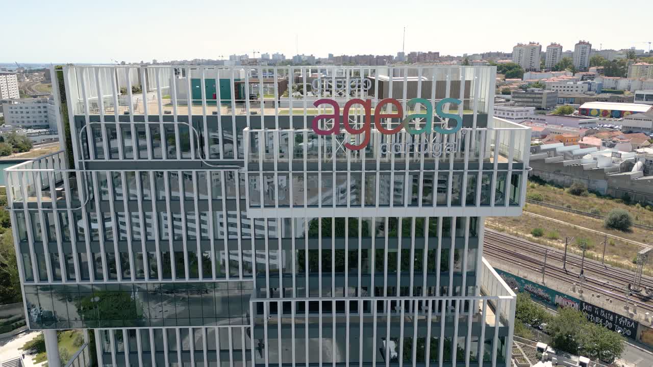 Aerial Approching Modern Ageas Head Office Insurance Company Building, Lisbon