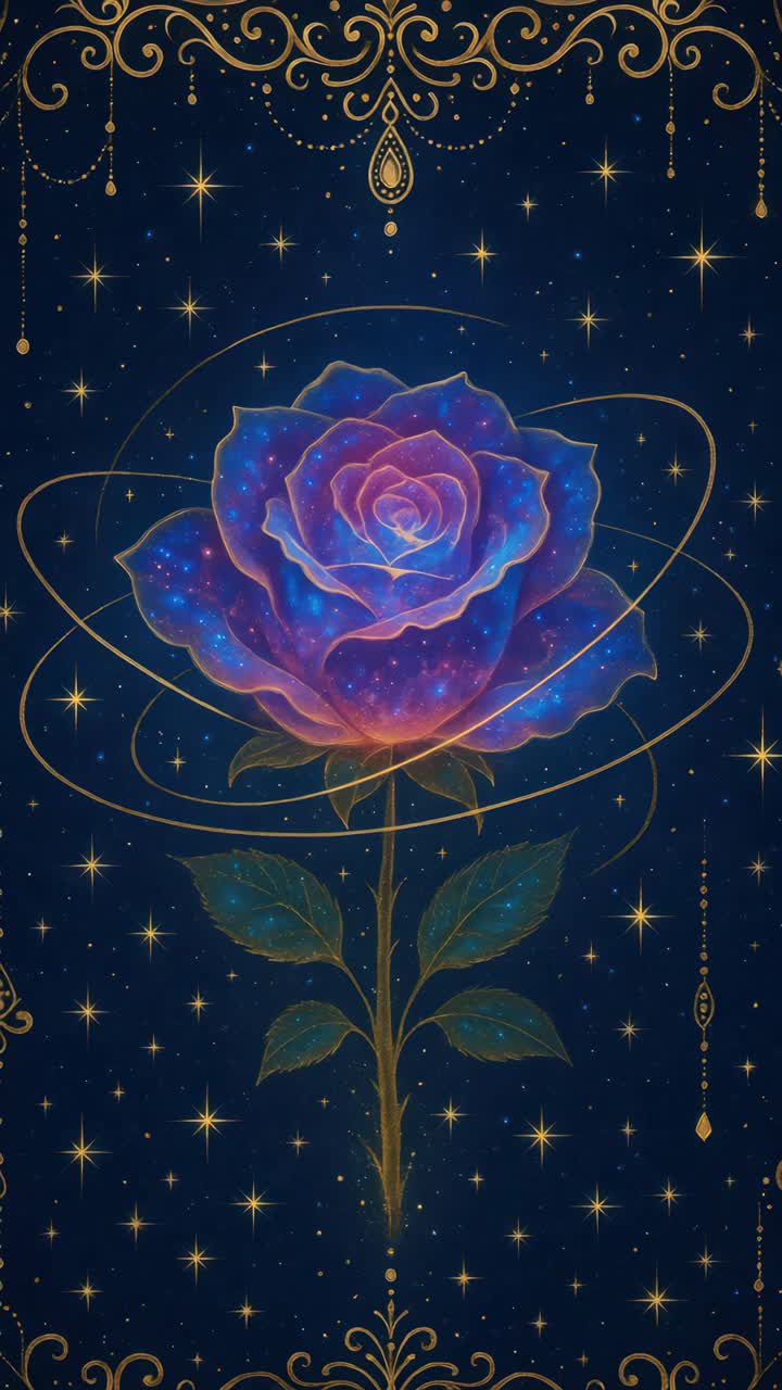A cosmic rose with glowing petals set against a starry backdrop, viewed from a frontal angle