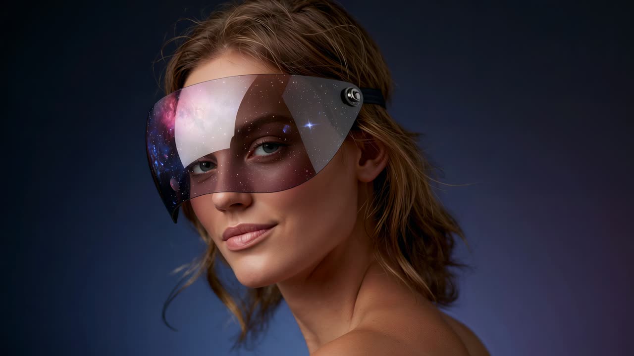 Modello in posa che abbassa lo sguardo, si gira in studio, mostra la cerniera del cinturino della visiera galattica, spalle scoperte