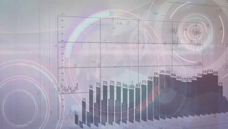 Animation-of-graphs-with-numbers,-loading-circles-and-radar-against-cloudy-sky