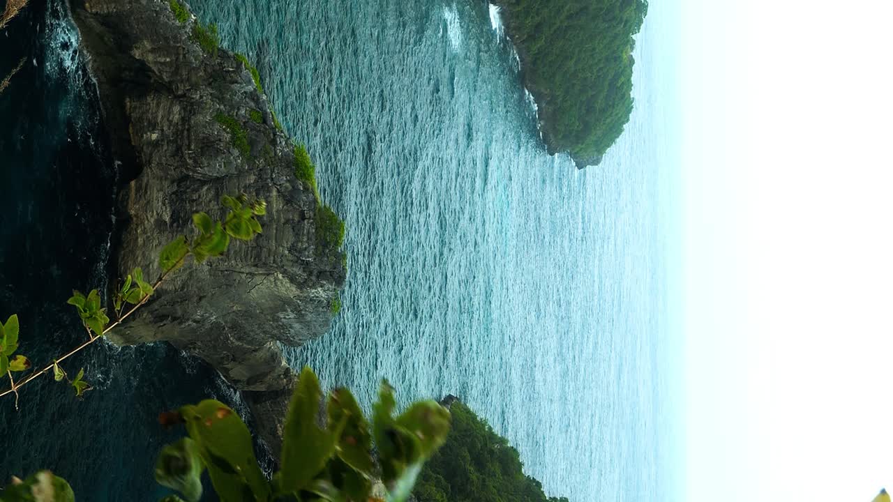 Ripresa statica verticale da una piccola isola di Nusa Penida, che cattura la vista delle scogliere e del mare blu, con foglie che frusciano nel vento sotto la luce soffusa dell'alba.