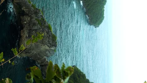 Toma-Estática-Vertical-Tomada-Desde-Una-Isla-Más-Pequeña-De-Nusa-Penida,-Capturando-La-Vista-De-Los-Acantilados-Y-El-Mar-Azul,-Con-Hojas-Susurrando-En-El-Viento-Bajo-La-Suave-Luz-Del-Amanecer