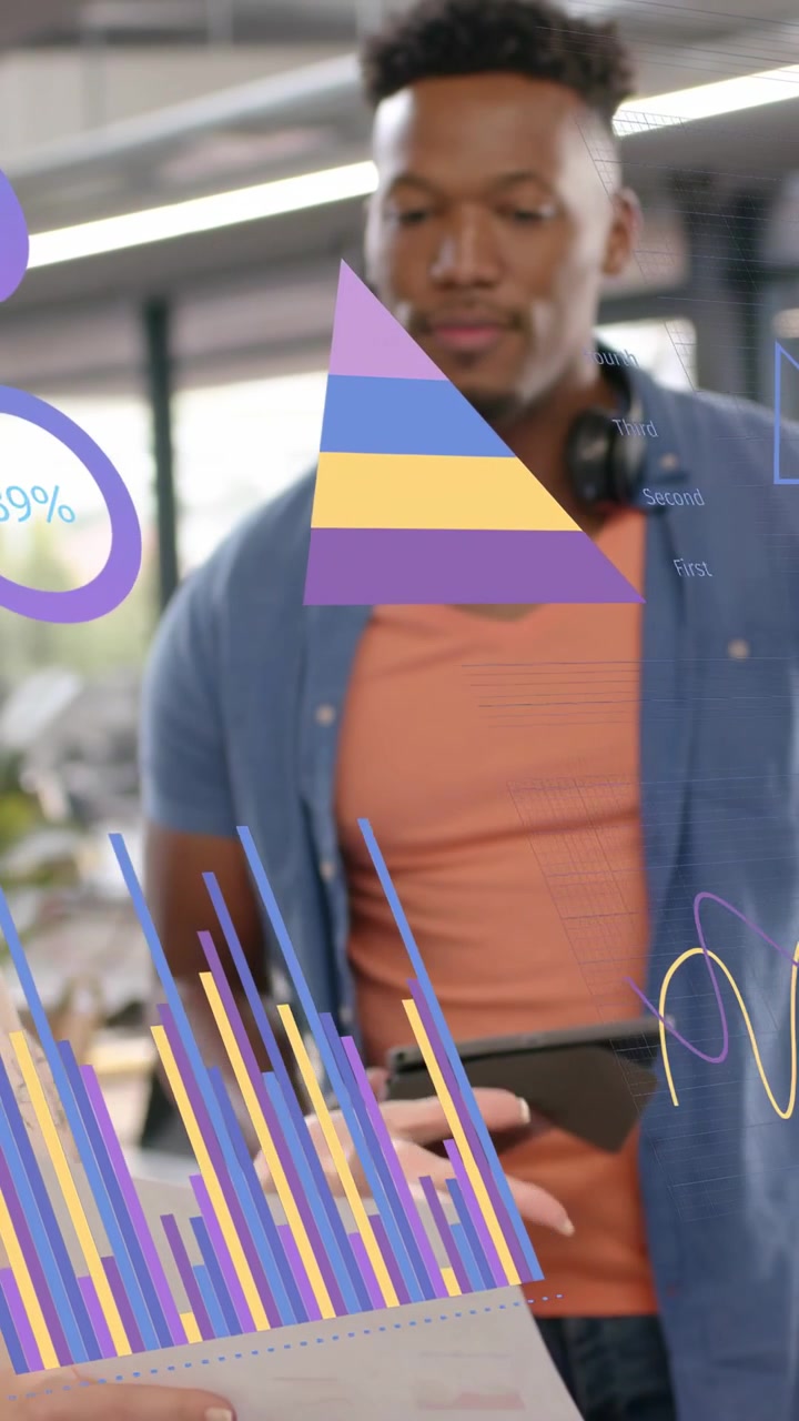Vertical video: Lead showing paper and causing biz charts moving while man tapping pad for insight