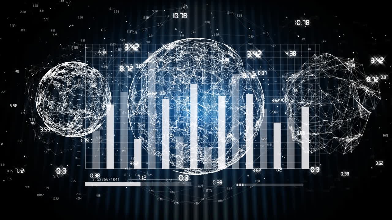 통계 데이터 처리의 애니메이션은 연결 네트워크의 세 개의 글로브에 대해 회전합니다.