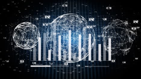 animation of statistical data processing against three globes of network of connections spinning