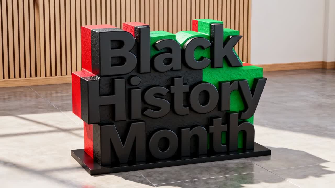 Panoramica della camera, centrando la scultura del Black History Month con blocchi rosso-verdi sull'angolo del pavimento