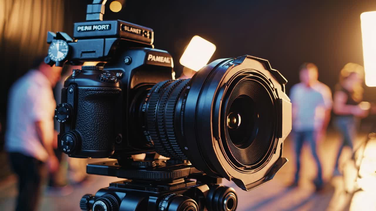 Close-up of a professional video camera on a film set, capturing a cinematic scene with blurred