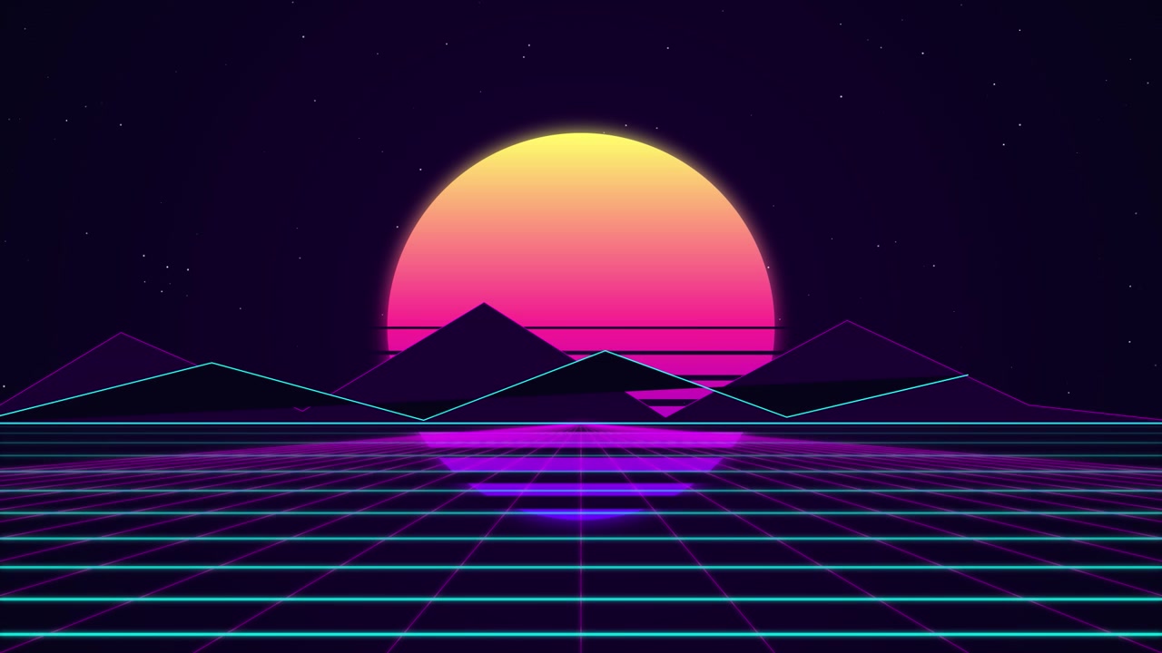 Retro Synthwave Style Landscape with Glowing Sun and Grid