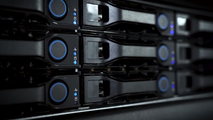 Handheld close-up of active server lights in data center, modern tech infrastructure in 4K