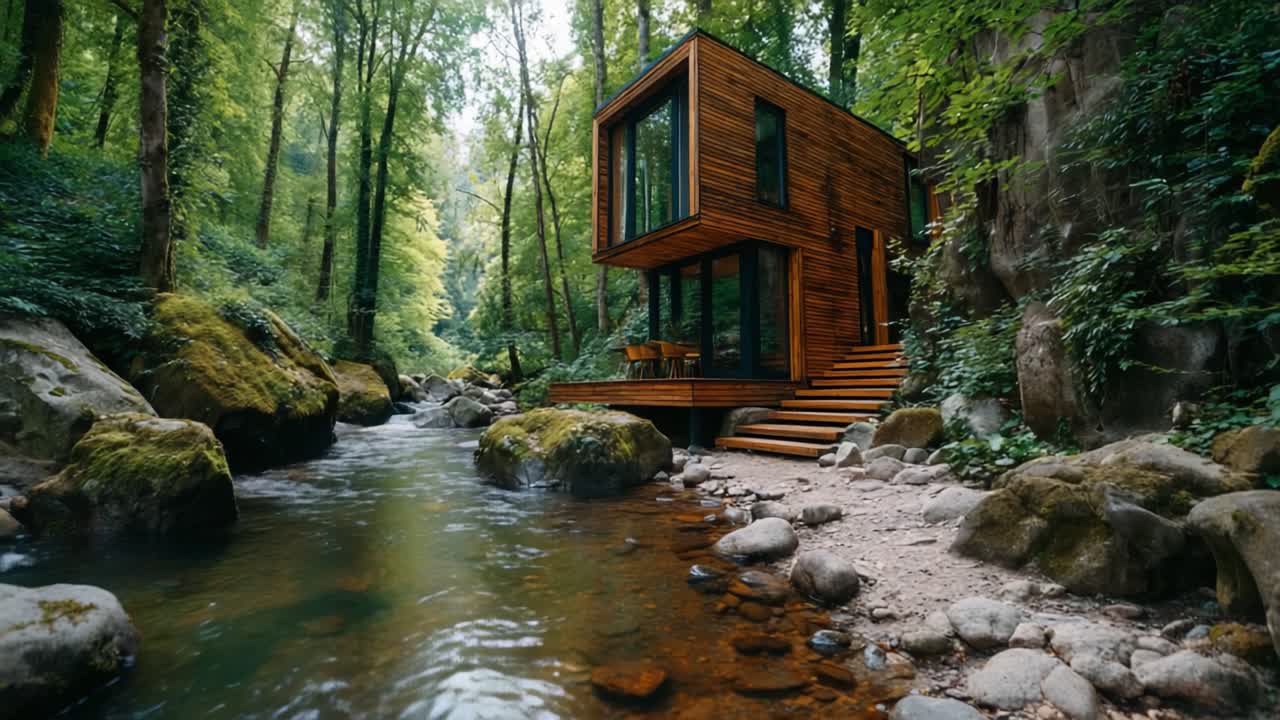 Una splendida baita moderna immersa tra una vegetazione lussureggiante e un ruscello sereno, che mostra un design innovativo in mezzo a un paesaggio forestale tranquillo.