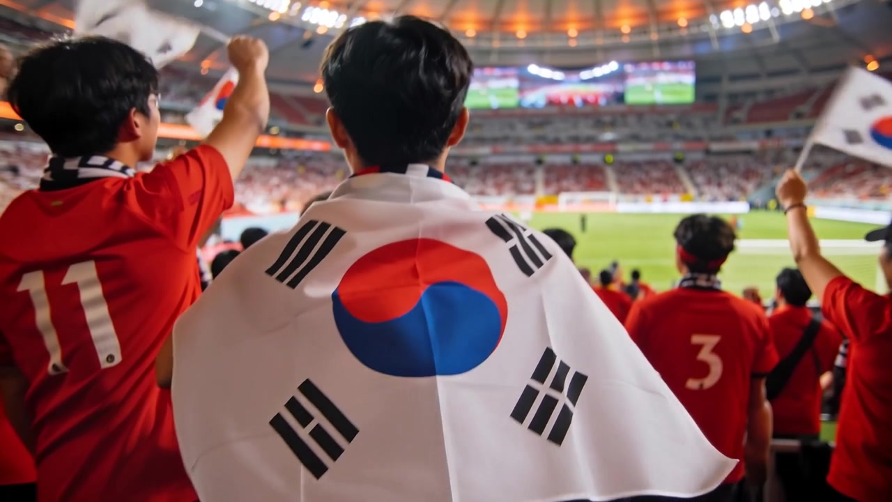 Un tifoso di fronte al campo nello stadio mentre il gioco attira la folla che indossa maglie rosse e sventola bandiere sudcoreane.