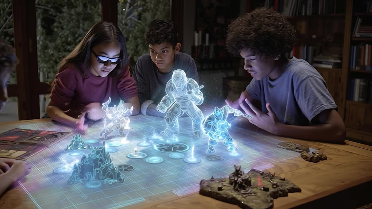 Amigos participando de um jogo de tabuleiro interativo com hologramas