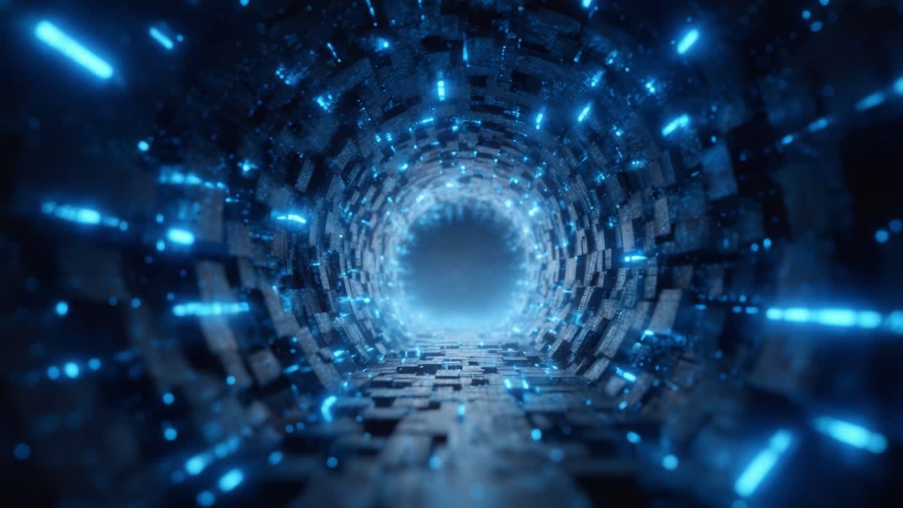 Futuristic Digital Tunnel Interior Glowing with Blue Light Particles and Textured Blocks, Creating an Enticing Depth Perspective into an Endless Space