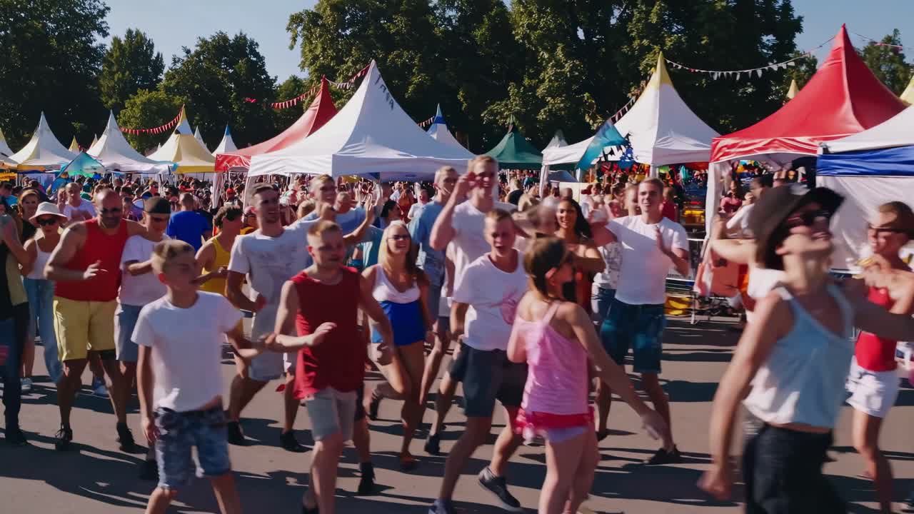 Video i fugleperspektiv af en livlig udendørsfestival med farverige telte og en folkemængde der nyder aktiviteterne