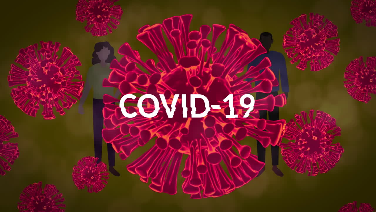 animación de una célula de covid-19 cayendo sobre la gente en fondo amarillo