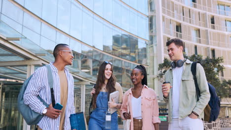 students, friends group and walk at college