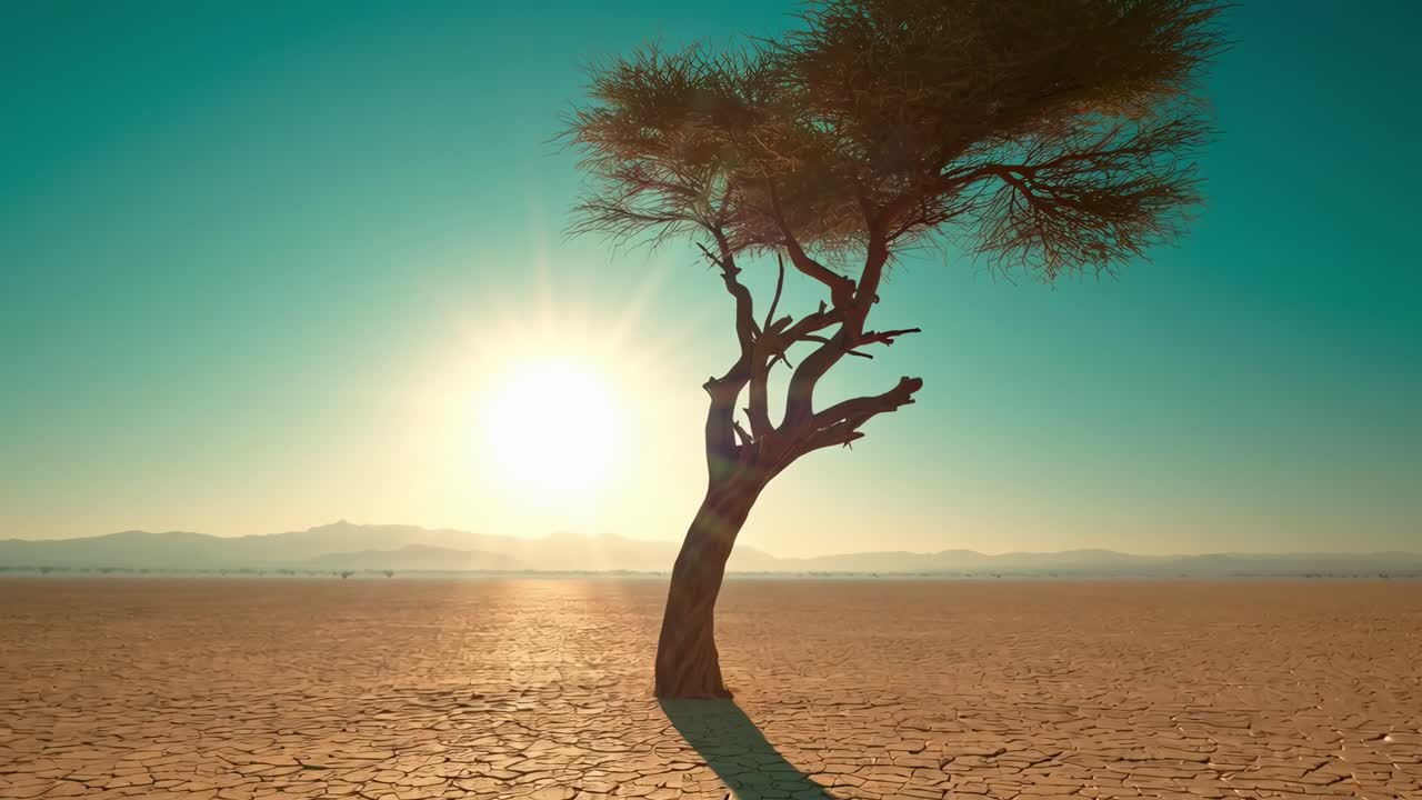 Vídeo aéreo de uma árvore solitária em solo rachado do deserto, com um pôr do sol dramático ao fundo