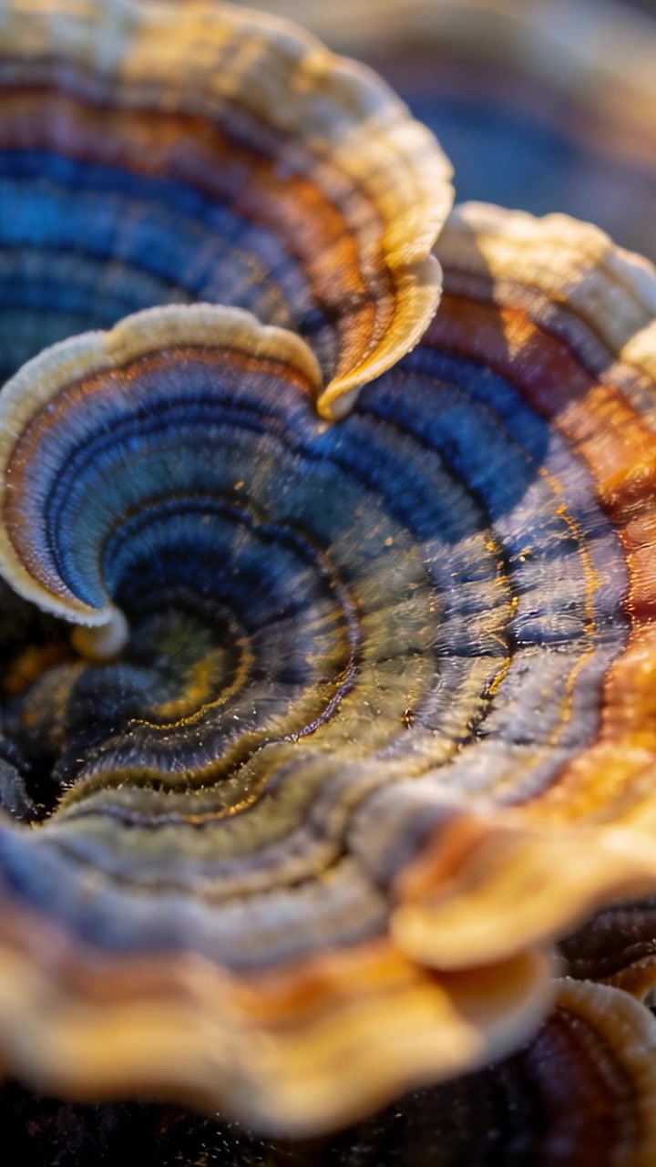 Vertical video: Shifting focus lens showing bracket fungus on wood in woods to show drops and rings