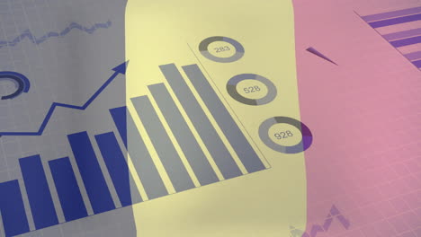 bar and line charts with data points animation over flag of belgium