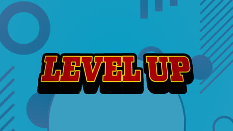 animation of level up text over pattern on blue background