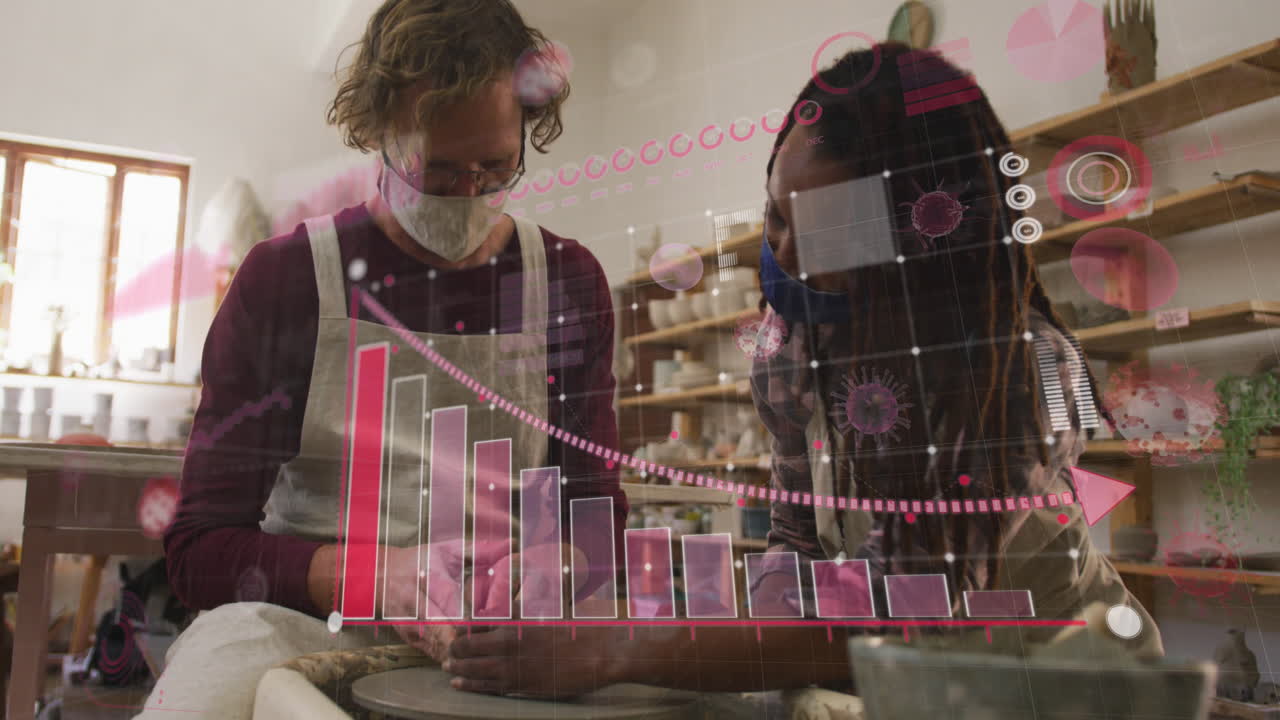 animación de células de covid-19 y estadísticas sobre hombres y mujeres en el estudio de cerámica con máscaras faciales